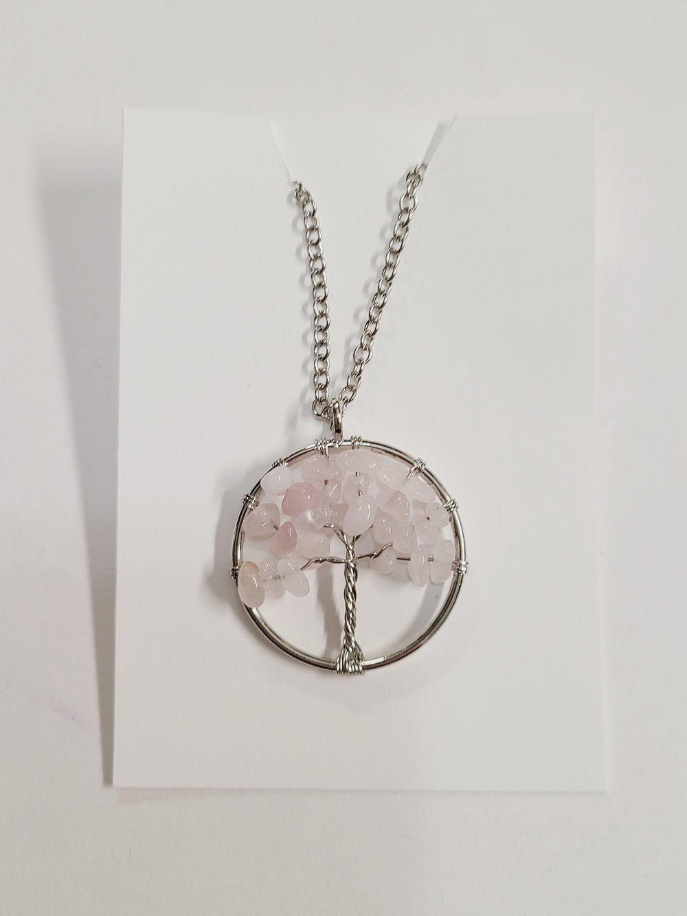 Silver Tree of Life Pendant Necklace with Rose Quartz Beads